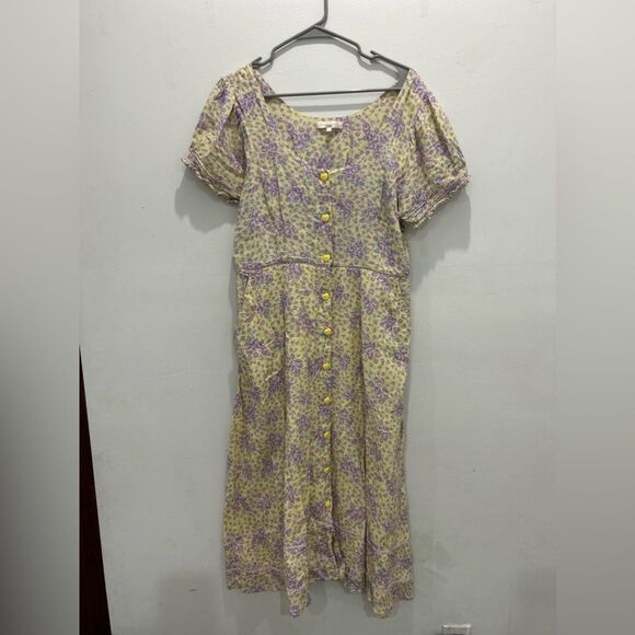 LoveShackFancy Yellow and Purple Regina Cotton Midi Dress Floral Printed Size 10 - Picture 3 of 11